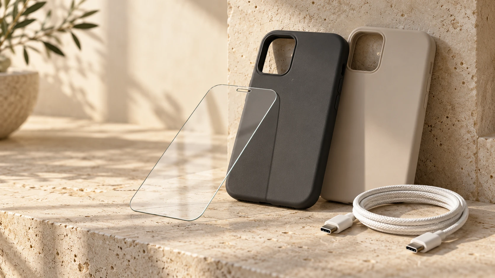 Konzeptfoto: Handyhüllen, Schutzglas und USB-C-Kabel auf hellem Stein