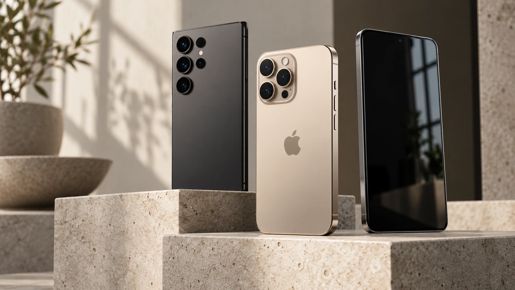 Konzeptfoto: drei Smartphones in Titan, Graphit und Schwarz auf hellem Stein