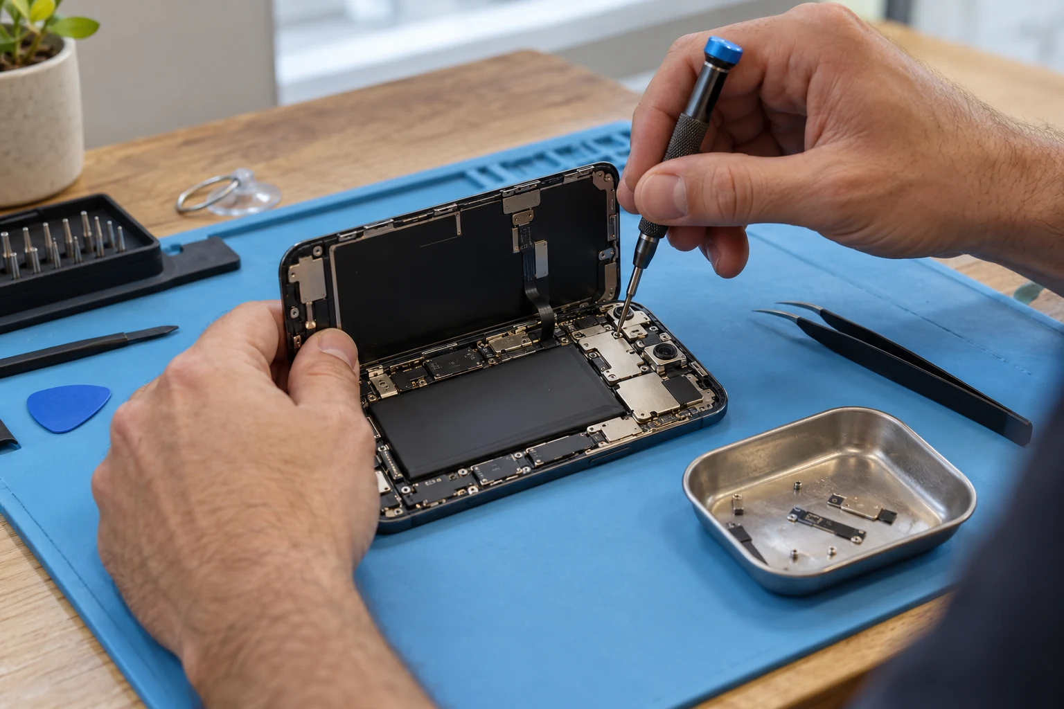 Konzeptfoto: Hände bei der Arbeit an einem geöffneten Smartphone